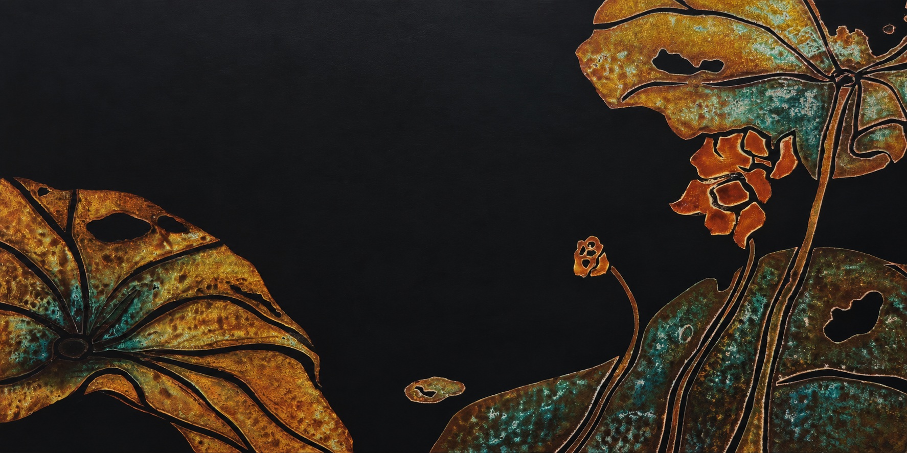 Echo Yu matte black lacquer artwork with copper-gold and turquoise leaf forms