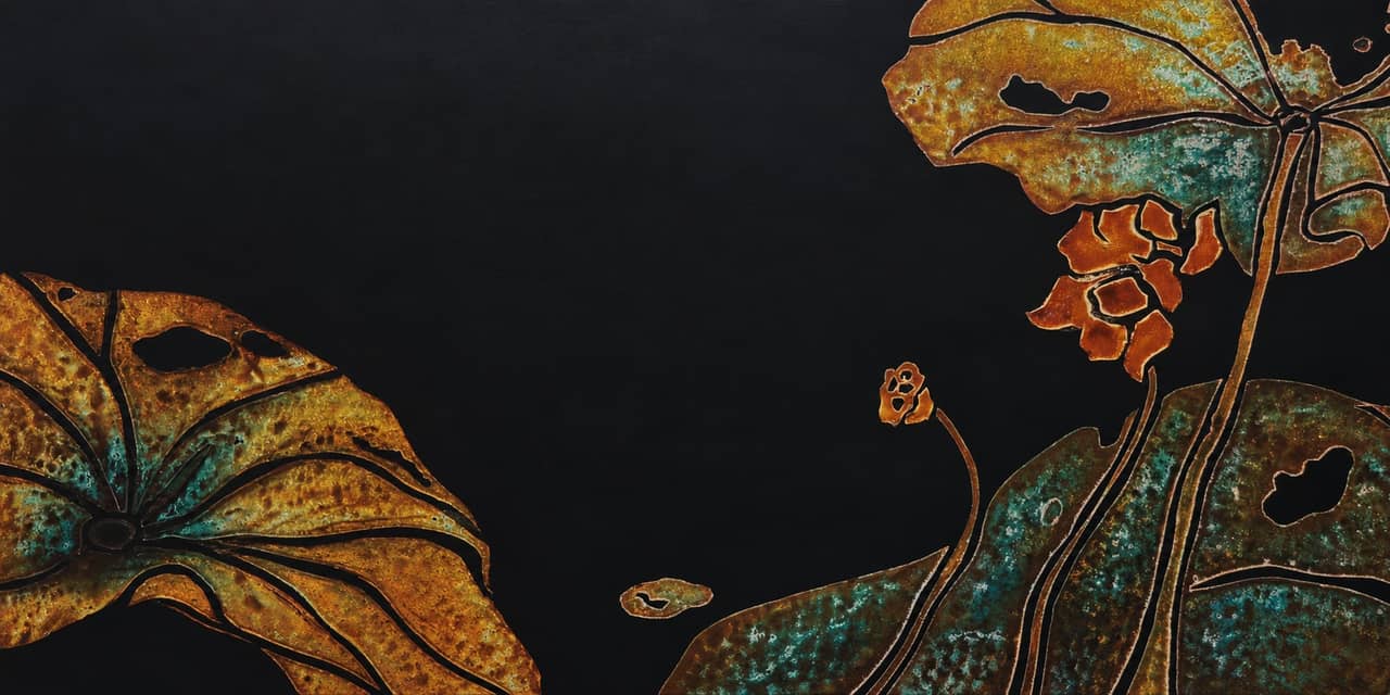 Echo Yu matte black lacquer artwork with copper-gold and turquoise leaf forms